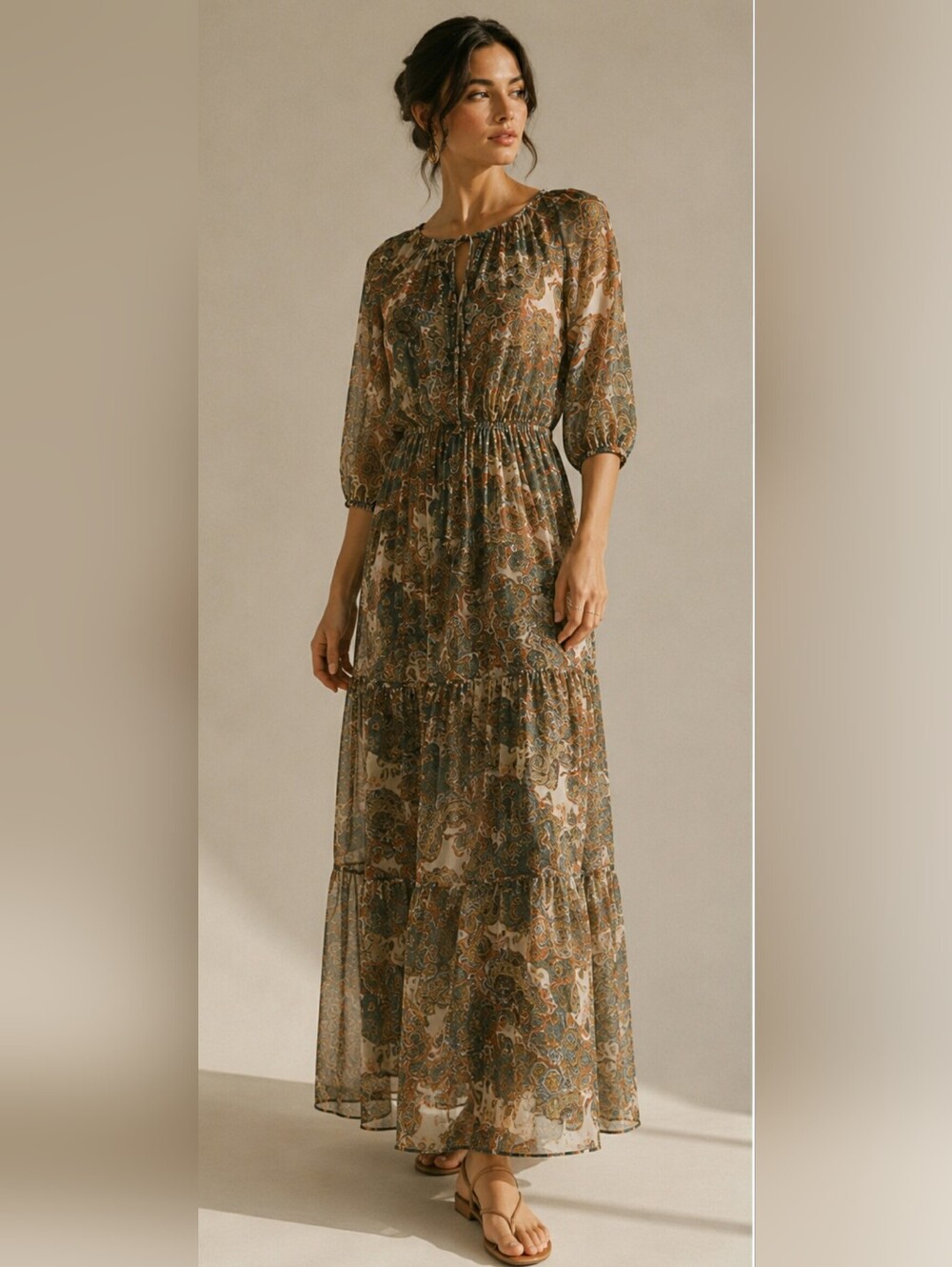 Kut from the Kloth Paisley Chiffon Sheer Tiered Maxi Dress,polyester,size 4